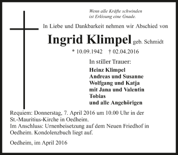 Traueranzeige von Ingrid Klimpel 