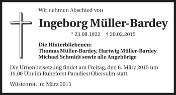 Traueranzeige von Ingeborg Müller-Bardey 