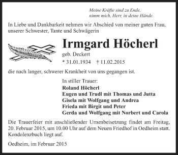 Traueranzeige von Irmgard Höcherl 