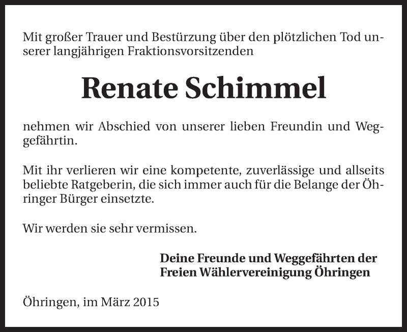  Traueranzeige für Renate Schimmel vom 27.03.2015 aus 