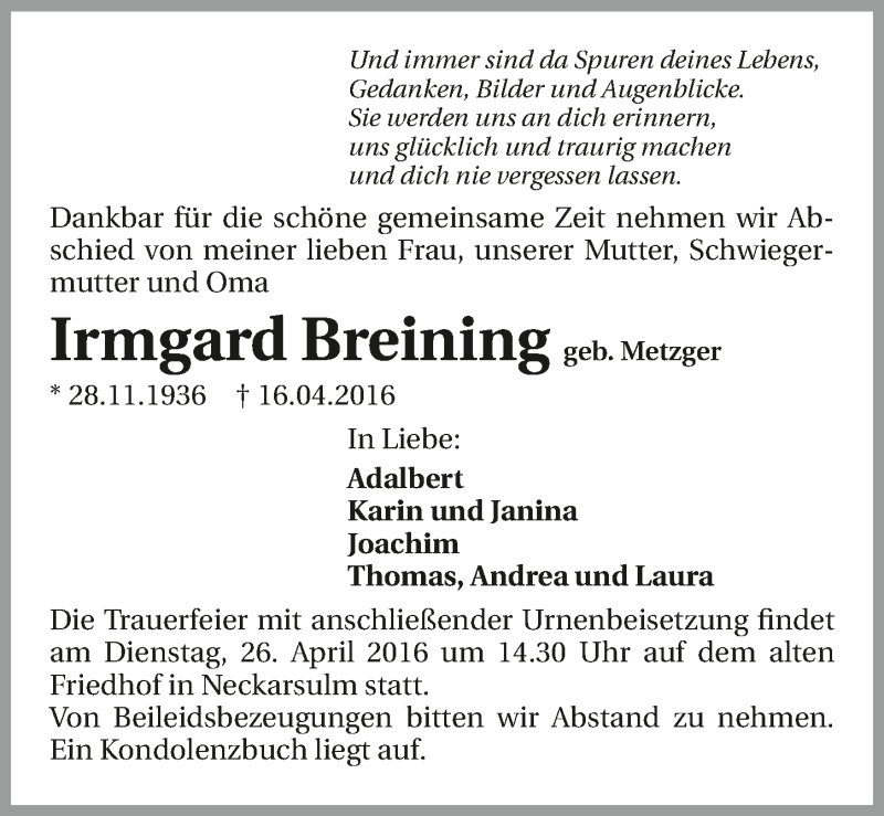  Traueranzeige für Irmgard Breining vom 22.04.2016 aus 