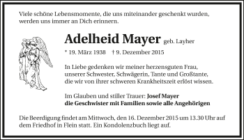 Traueranzeige von Adelheid Mayer 