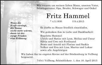 Traueranzeige von Fritz Hammel 