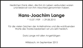 Traueranzeige von Hans-Joachim Lange 