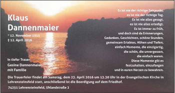 Traueranzeige von Klaus Dannenmaier 