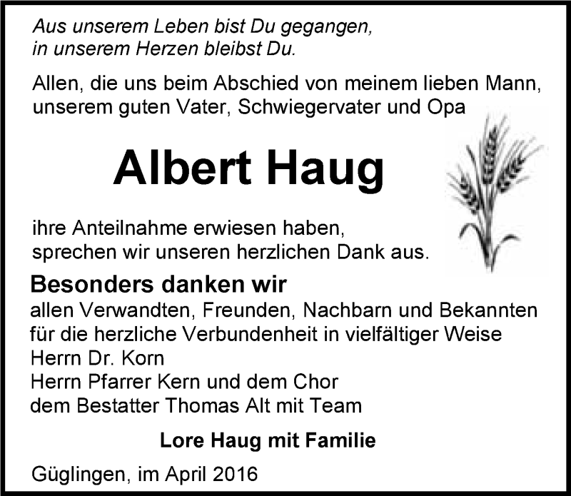  Traueranzeige für Albert Haug vom 14.04.2016 aus 