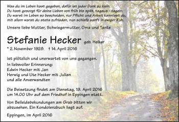 Traueranzeige von Stefanie Hecker 