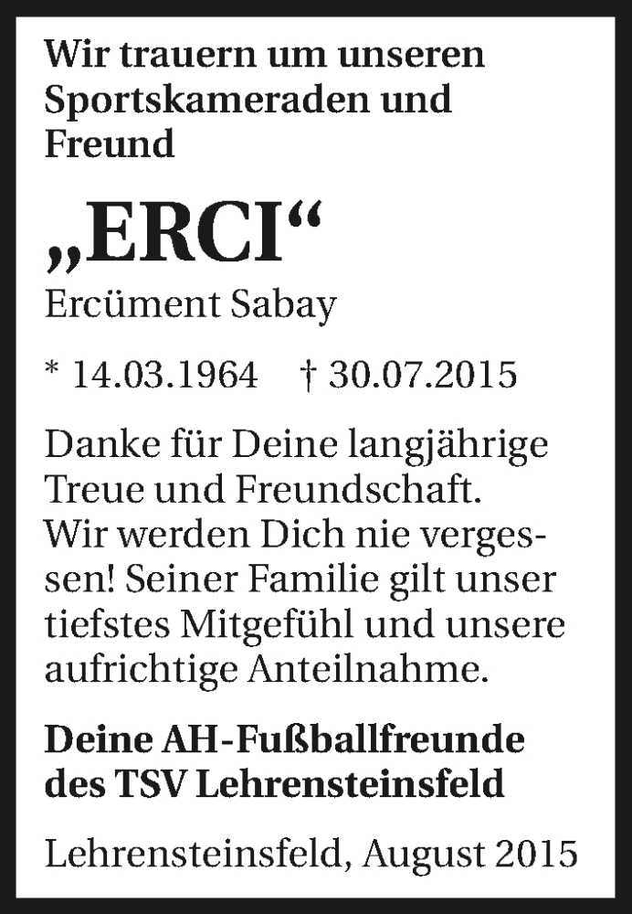  Traueranzeige für Ercüment Sabay vom 08.08.2015 aus 