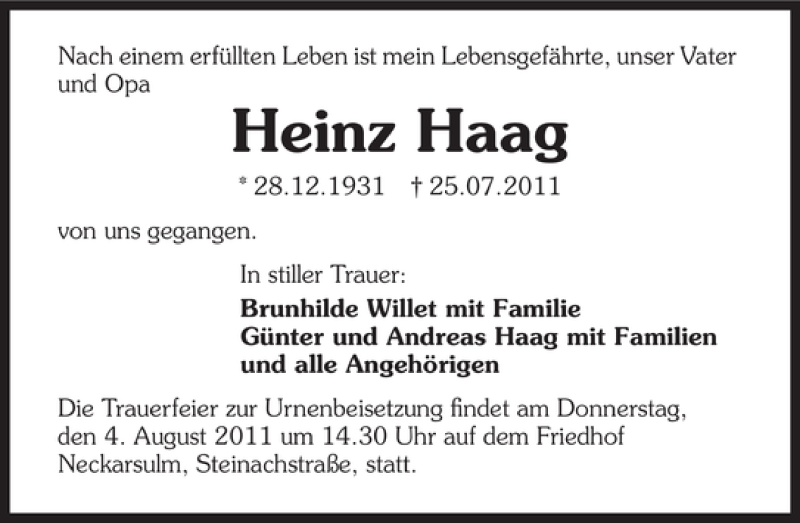  Traueranzeige für Heinz Haag vom 02.08.2011 aus 
