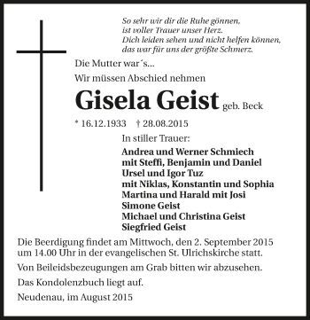 Traueranzeige von Gisela Geist 