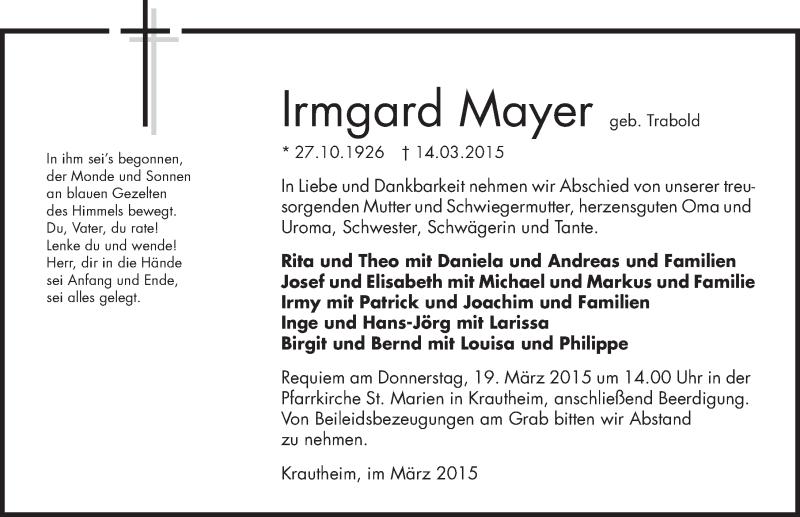  Traueranzeige für Irmgard Mayer vom 17.03.2015 aus 