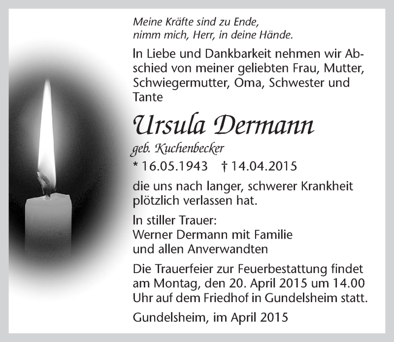  Traueranzeige für Ursula Dermann vom 17.04.2015 aus 