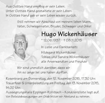 Traueranzeige von Hugo Wickenhäuser 