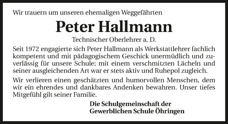  Traueranzeige für Peter Hallmann vom 16.03.2016 aus 