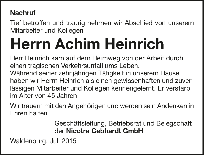  Traueranzeige für Achim Heinrich vom 27.07.2015 aus 