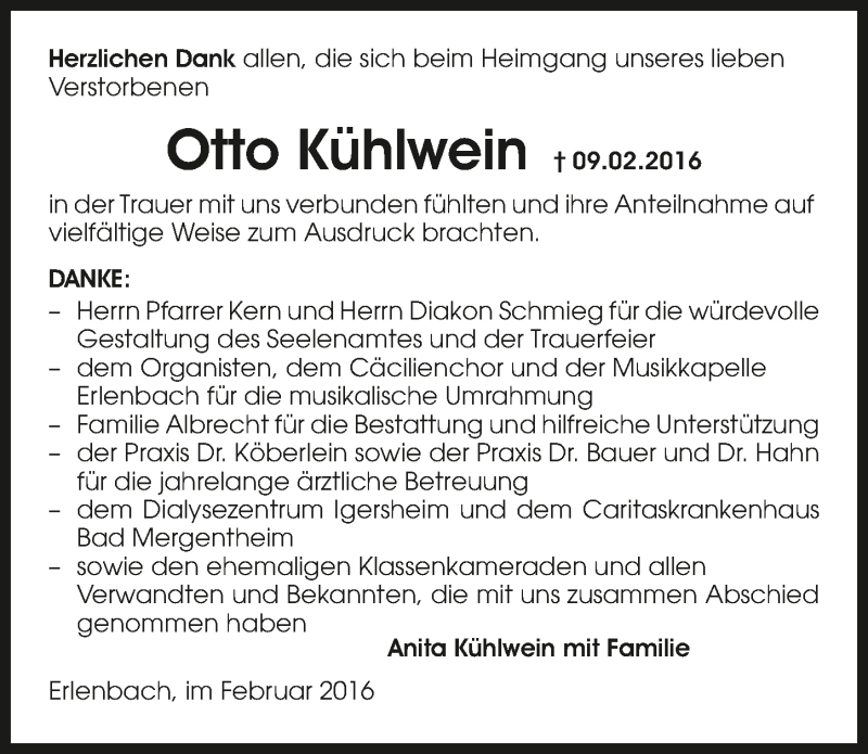  Traueranzeige für Otto Kühlwein vom 23.02.2016 aus 