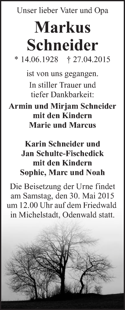  Traueranzeige für Markus Schneider vom 04.05.2015 aus 
