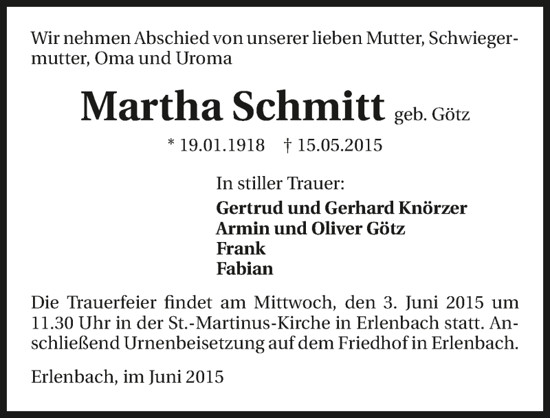 Traueranzeige für Martha Schmitt vom 01.06.2015 aus 
