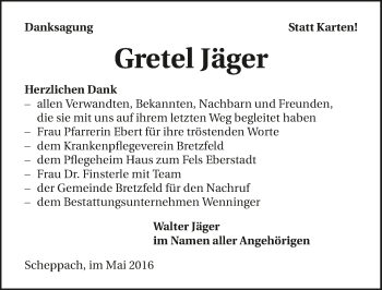Traueranzeige von Gretel Jäger 
