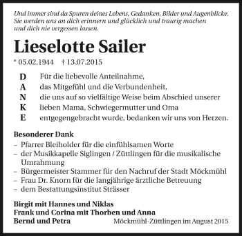 Traueranzeige von Lieselotte Sailer 