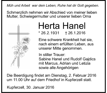 Traueranzeige von Herta Hanel 
