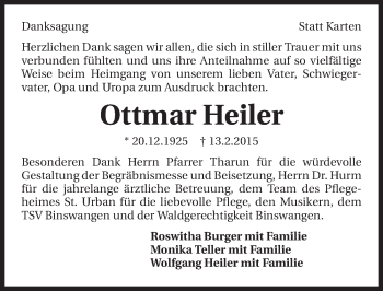 Traueranzeige von Ottmar Heiler 