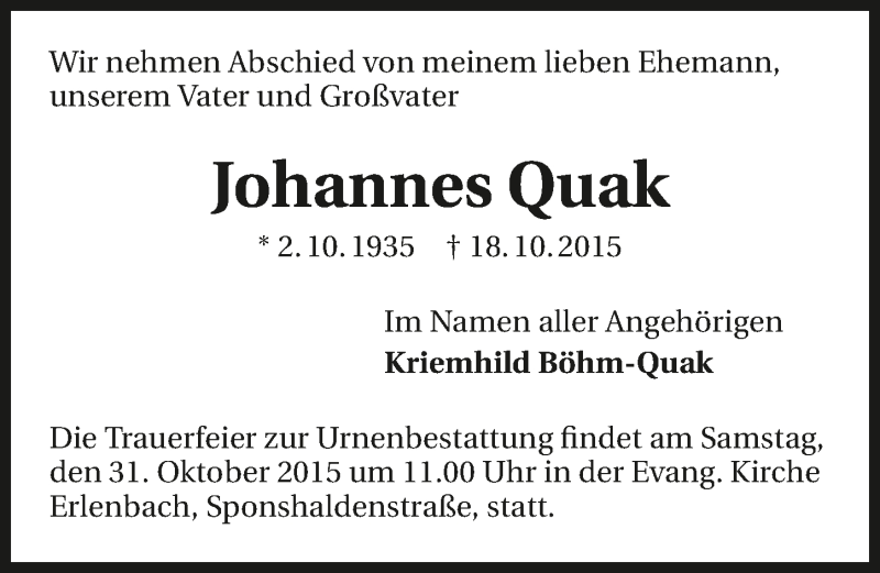  Traueranzeige für Johannes Quak vom 24.10.2015 aus 