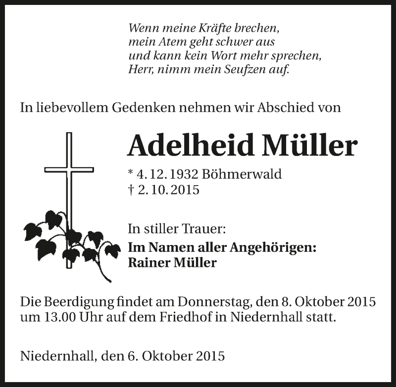  Traueranzeige für Adelheid Müller vom 06.10.2015 aus 