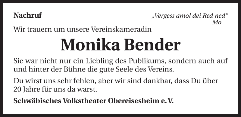 Traueranzeige für Monika Bender vom 03.01.2015 aus 