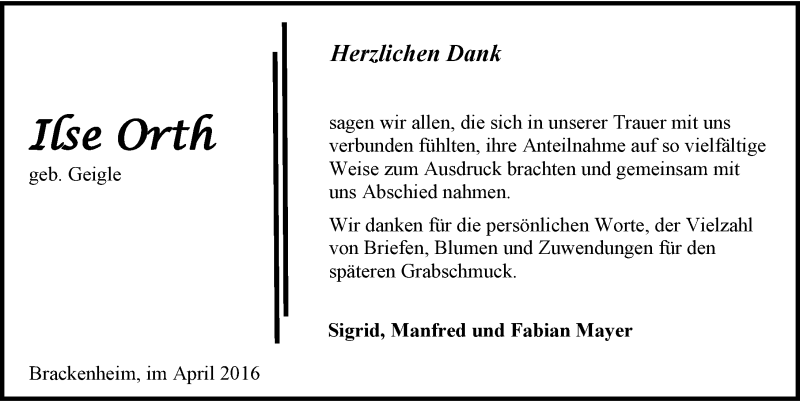  Traueranzeige für Ilse Orth vom 22.04.2016 aus 