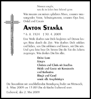 Traueranzeige von Anton Stanka 
