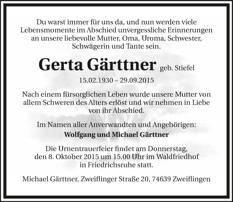  Traueranzeige für Gerta Gärttner vom 05.10.2015 aus 