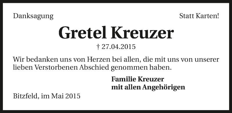  Traueranzeige für Gretel Kreuzer vom 27.05.2015 aus 