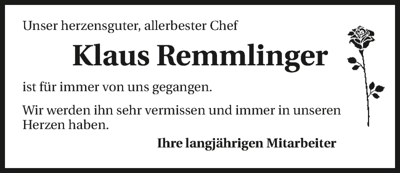  Traueranzeige für Klaus Remmlinger vom 16.09.2015 aus 