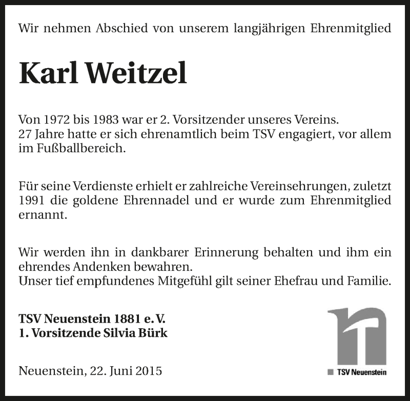  Traueranzeige für Karl Weitzel vom 22.06.2015 aus 