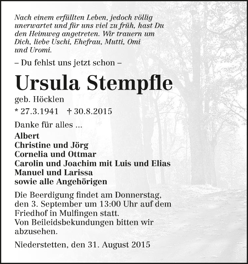  Traueranzeige für Ursula Stempfle vom 01.09.2015 aus 