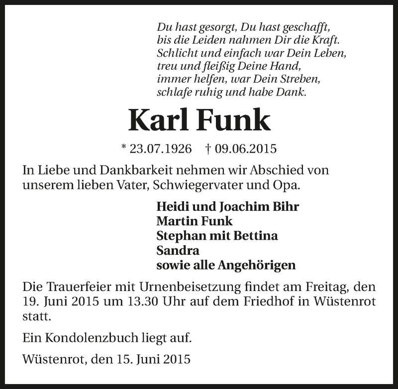  Traueranzeige für Karl Funk vom 15.06.2015 aus 