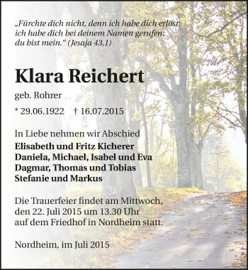 Traueranzeige von Klara Reichert 