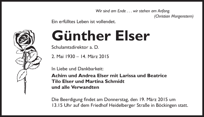  Traueranzeige für Günther Elser vom 17.03.2015 aus 