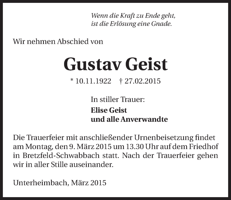  Traueranzeige für Gustav Geist vom 06.03.2015 aus 