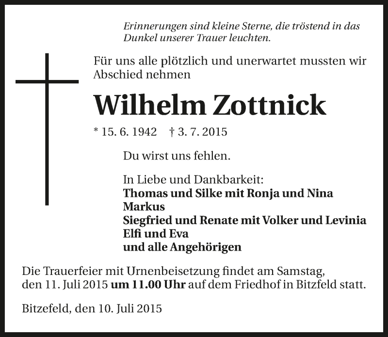  Traueranzeige für Wilhelm Zottnick vom 10.07.2015 aus 