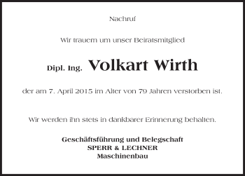 Traueranzeige von Volkart Wirth 