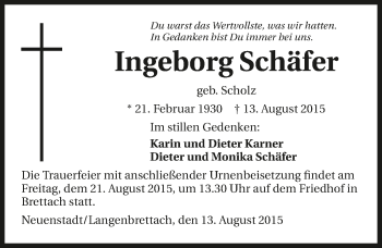 Traueranzeige von Ingeborg Schäfer 