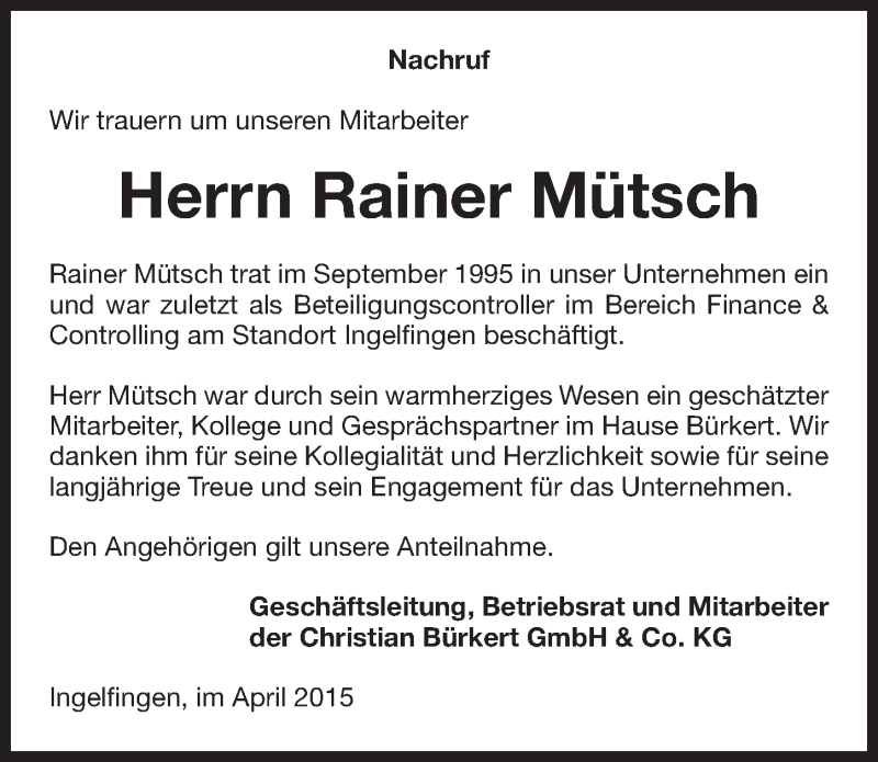  Traueranzeige für Rainer Mütsch vom 14.04.2015 aus 