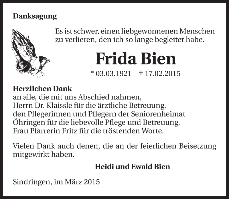  Traueranzeige für Frida Bien vom 07.03.2015 aus 
