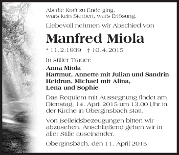 Traueranzeige von Manfred Miola 