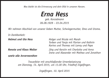 Traueranzeige von Erna Hess 