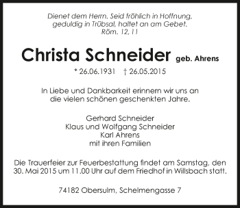 Traueranzeige von Christa Schneider 