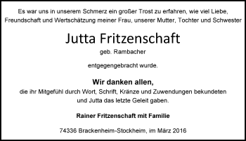 Traueranzeige von Jutta Fritzenschaft 