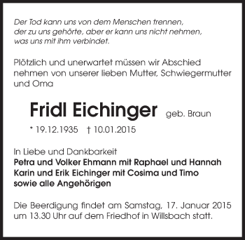 Traueranzeige von Fridl Eichinger 